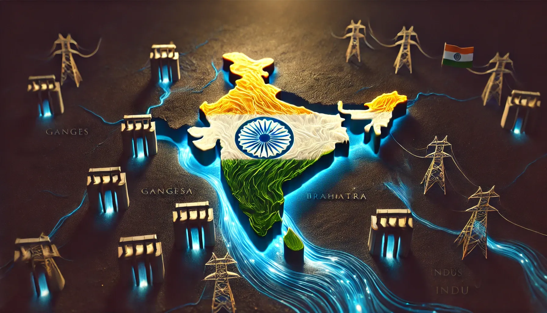DALL·E 2025-03-15 12.42.58 - A minimalist digital artwork depicting India's water diplomacy with a focus on rivers and dams.